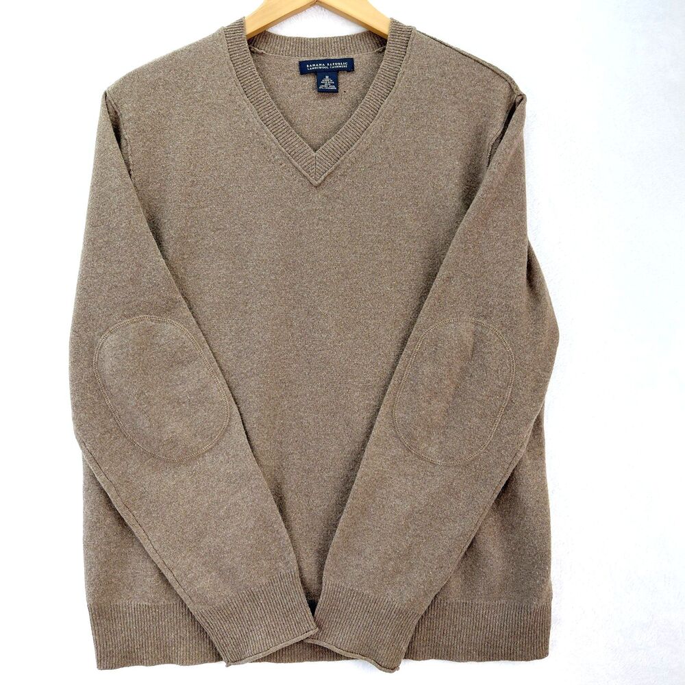 Banana Republic Cashmere Lambs Wool Brown V-Neck Sweater Mens Medium Elbow Patch